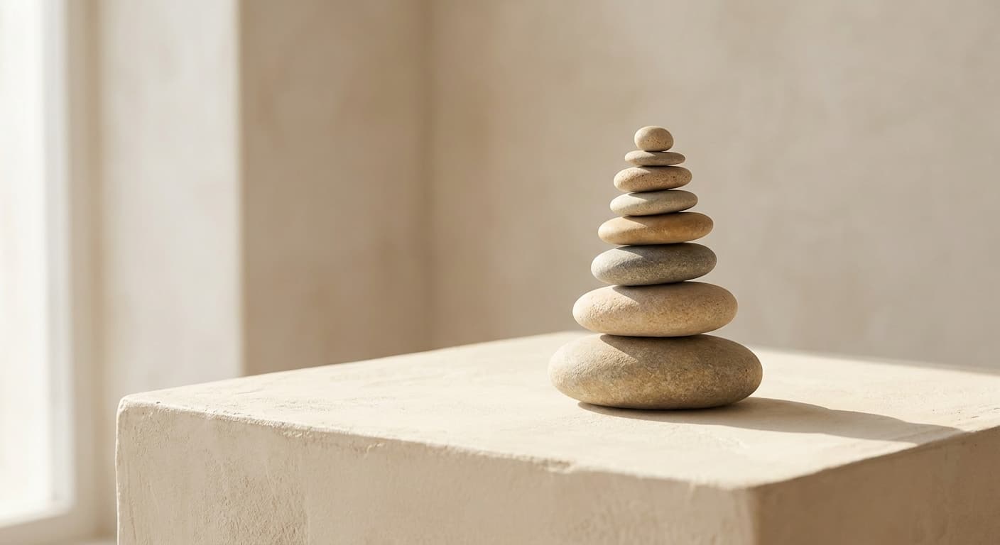 A balanced cairn of stacked stones in soft natural light